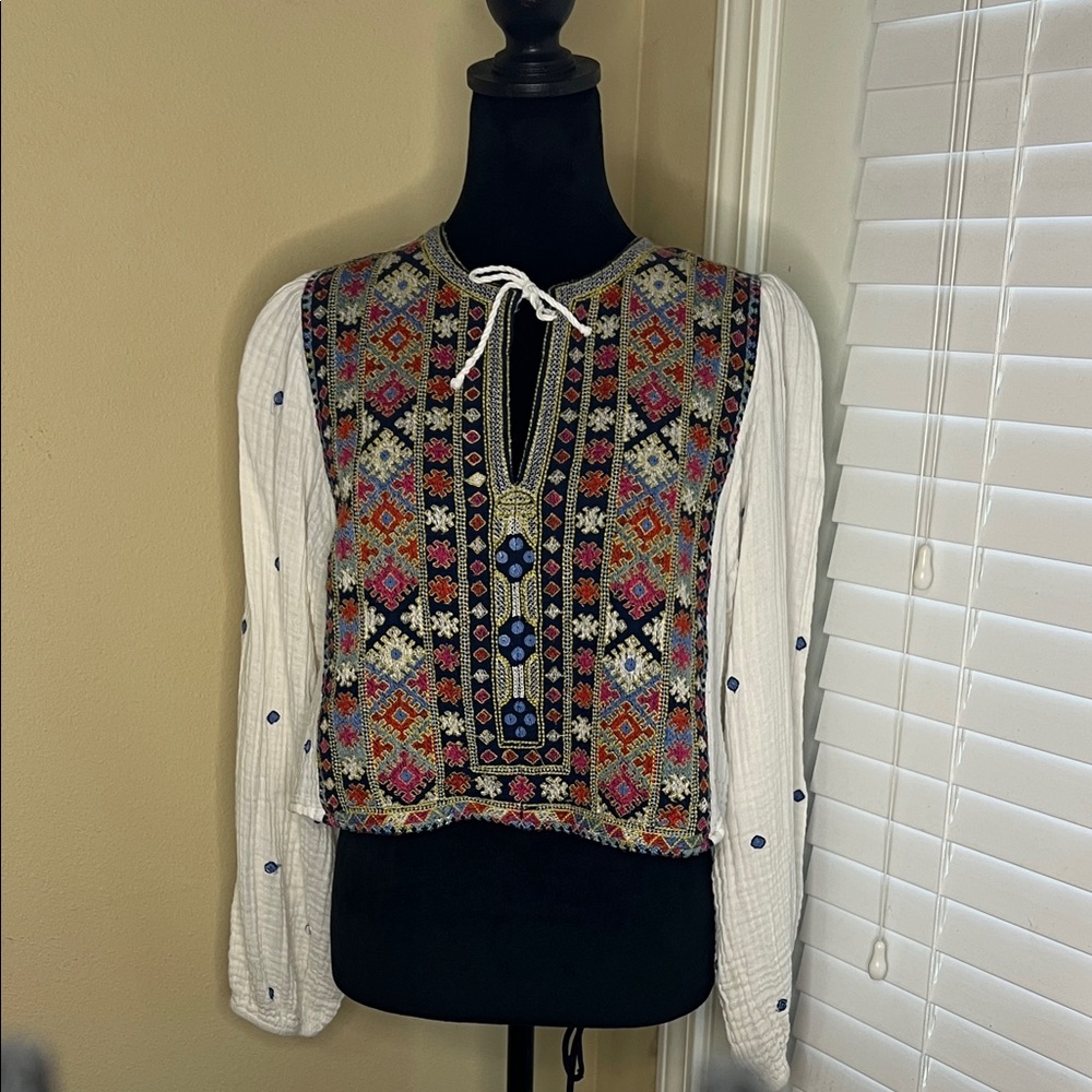 Free People Multicolor Embroidered Cropped Blouse